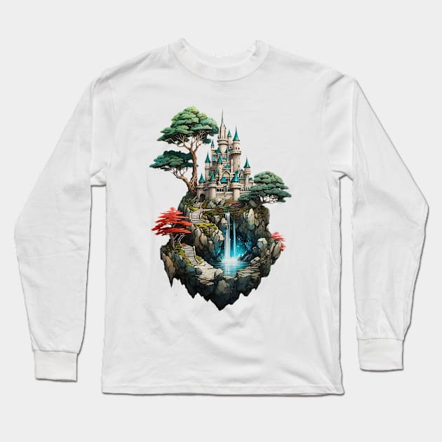 Fantasy Magical Castle at the top of a rocky crystal hill Long Sleeve T-Shirt by Neon City Bazaar